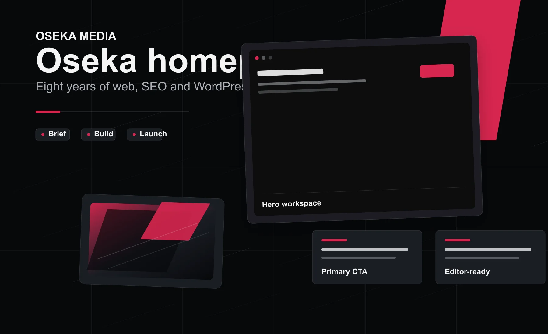 Oseka Media brand vizual s tamnom web dizajn kompozicijom i crvenim naglaskom