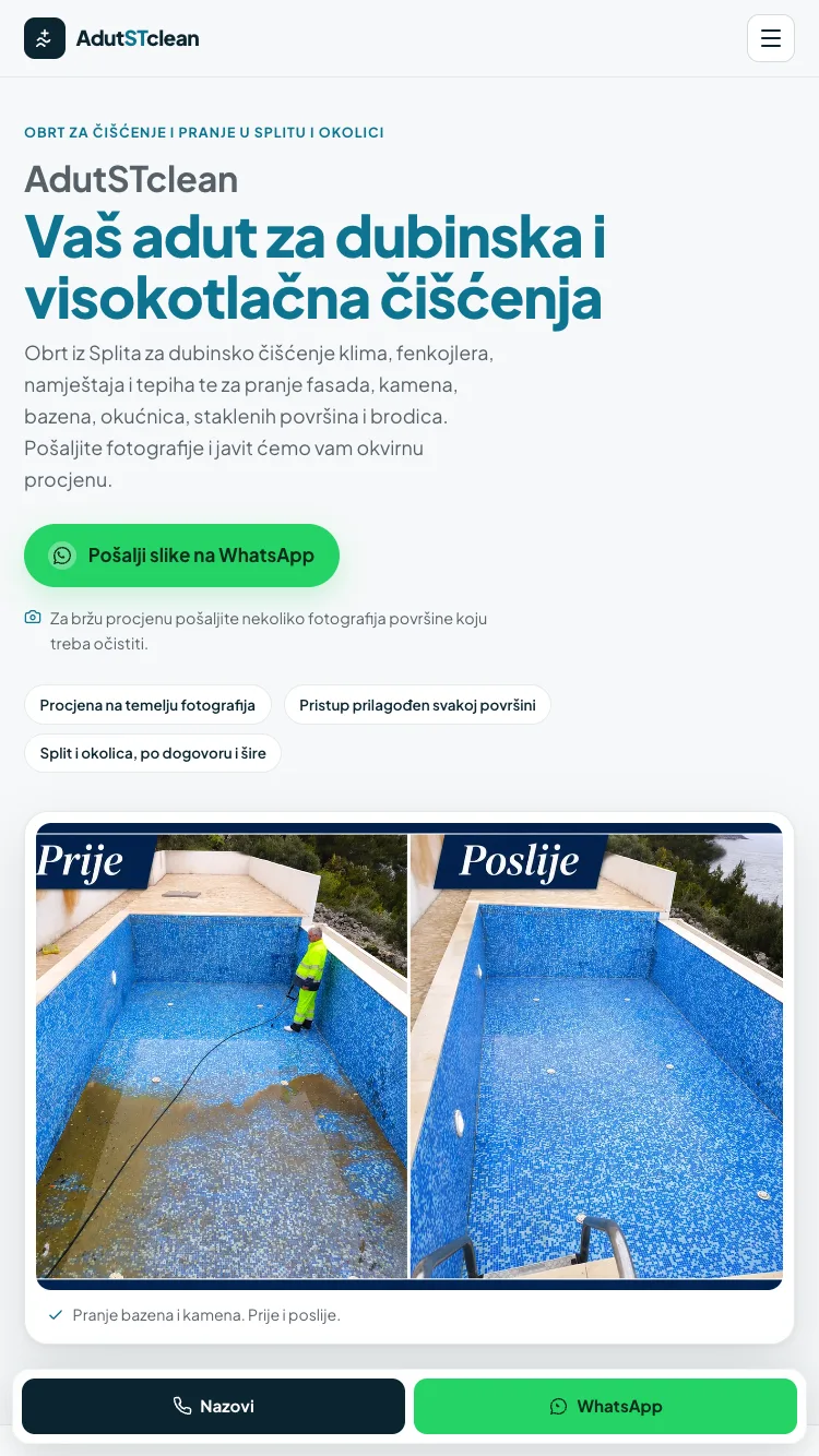 Prikaz web stranice AdutSTclean na mobilnom uređaju