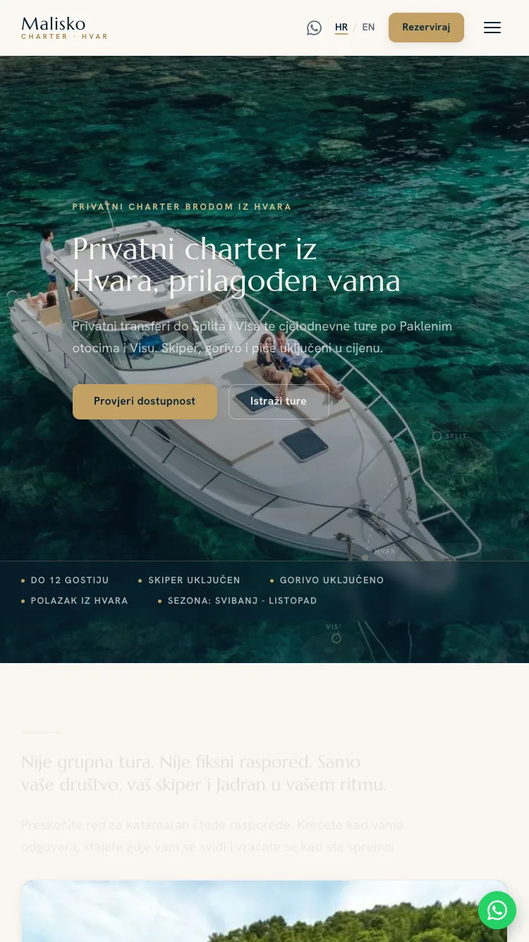 Prikaz web stranice Malisko Charter na mobilnom uređaju