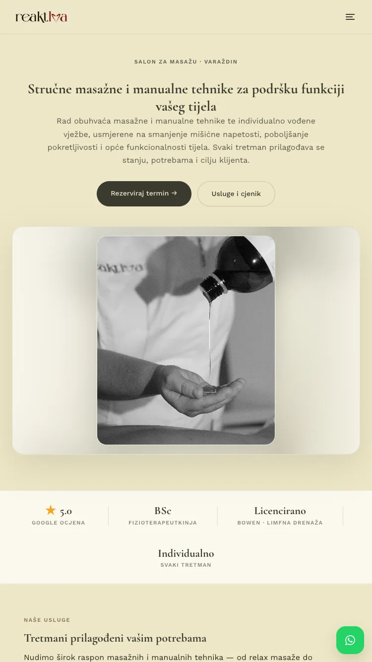 Prikaz web stranice Reaktiva Varaždin na mobilnom uređaju