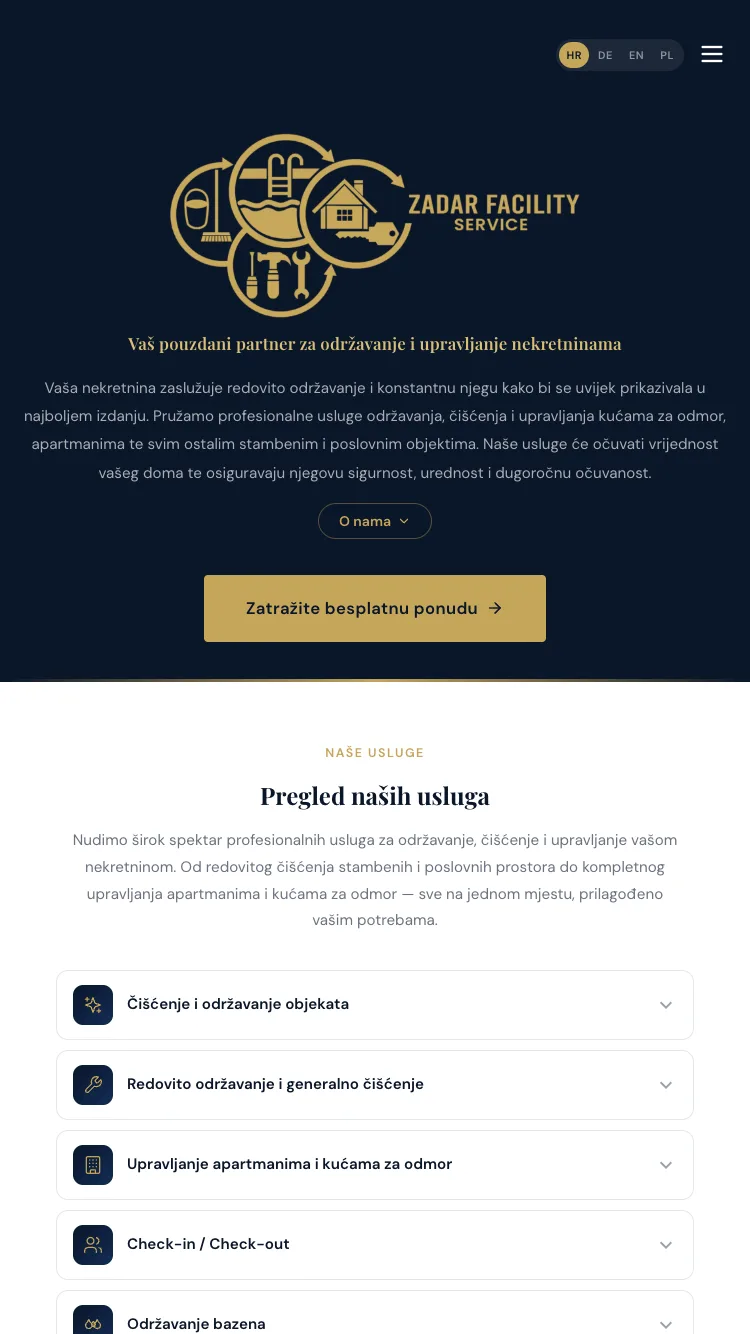 Prikaz web stranice ZadarFacility na mobilnom uređaju