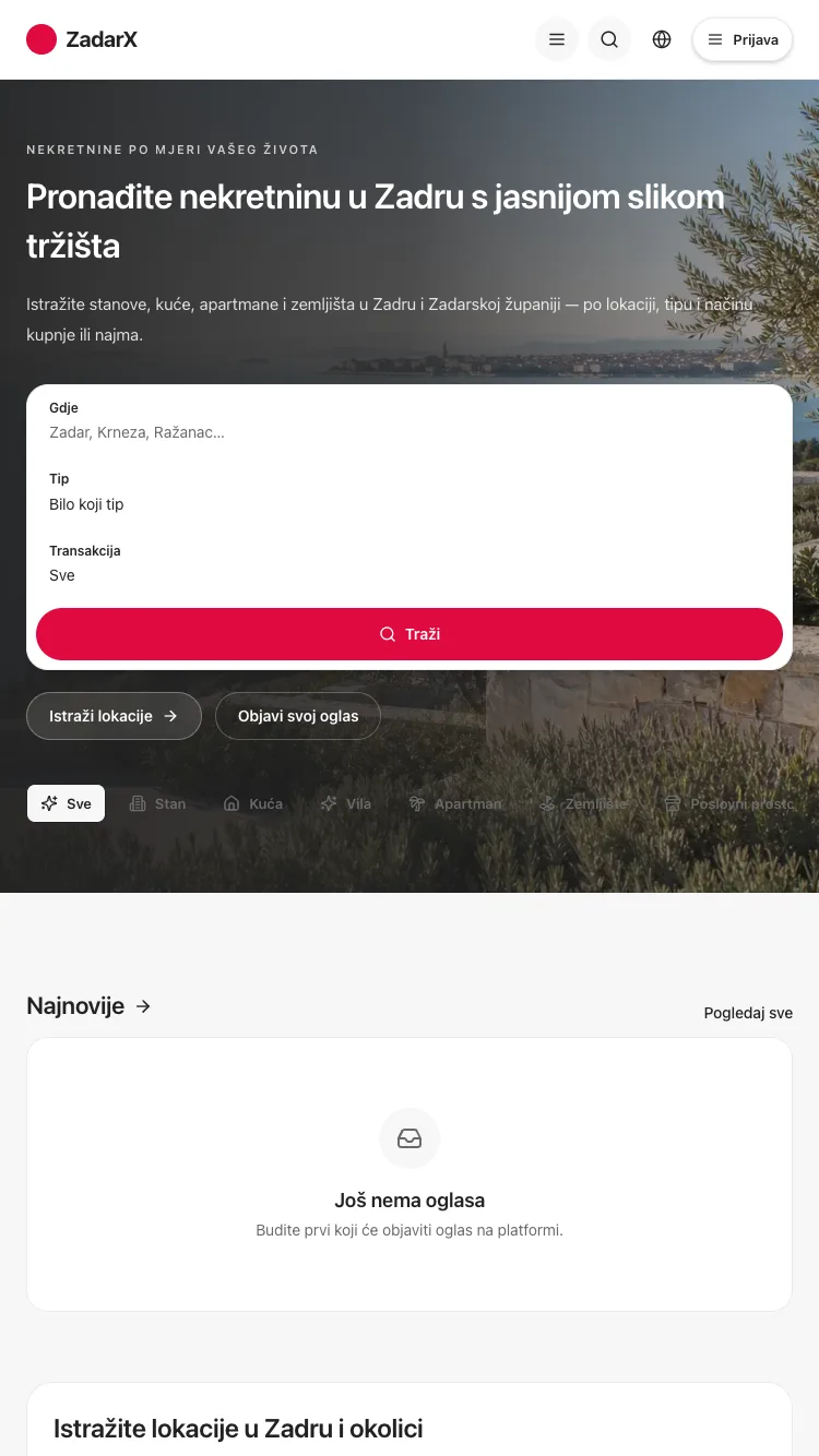 Prikaz web stranice ZadarX na mobilnom uređaju