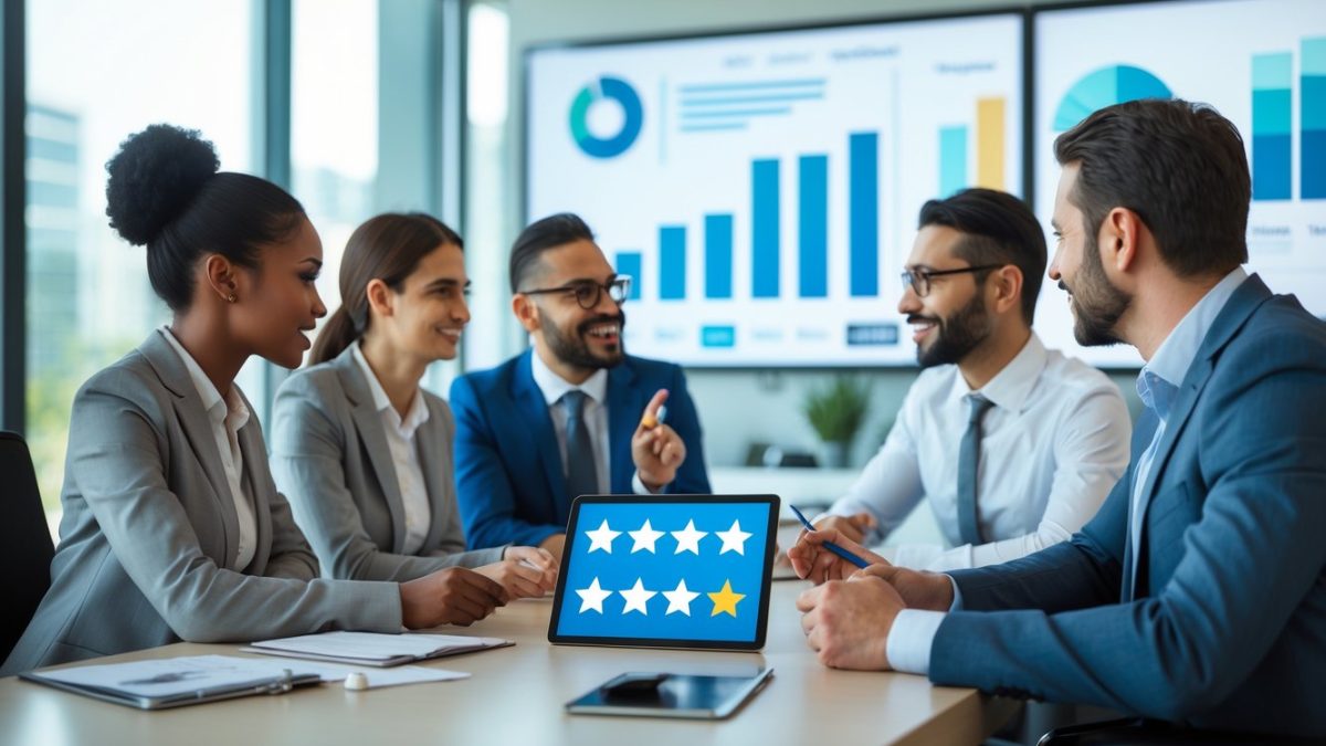 Grupa poslovnih ljudi u uredu raspravlja o recenzijama uz prikaz grafova na ekranu.