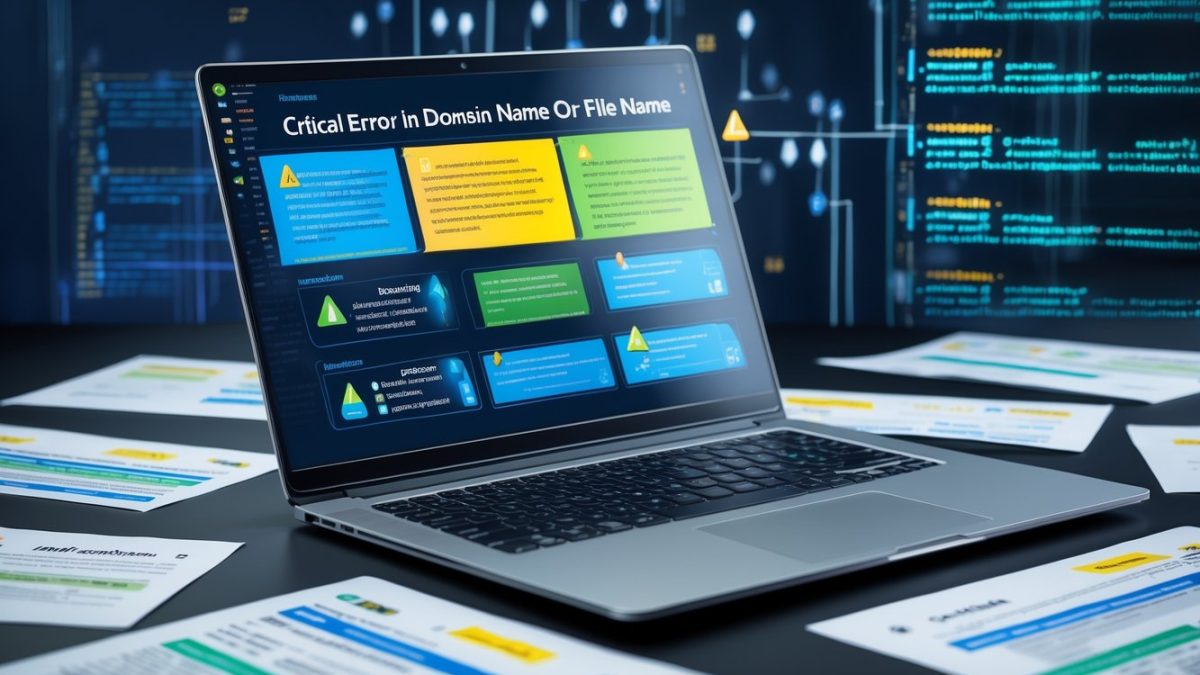Radni stol s prijenosnim računalom koje prikazuje poruke o pogrešci, okružen papirima s kodom i simbolima povezanim s računalnim mrežama.