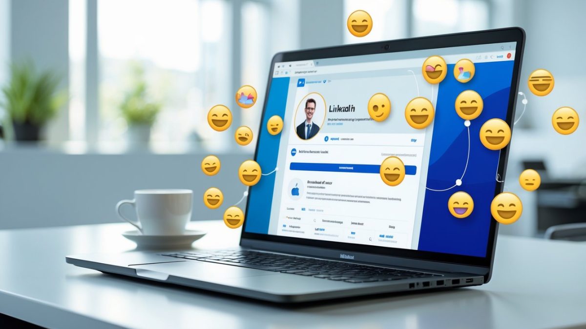 Moderno uredsko radno mjesto s prijenosnim računalom na stolu i emotikonima oko ekrana.