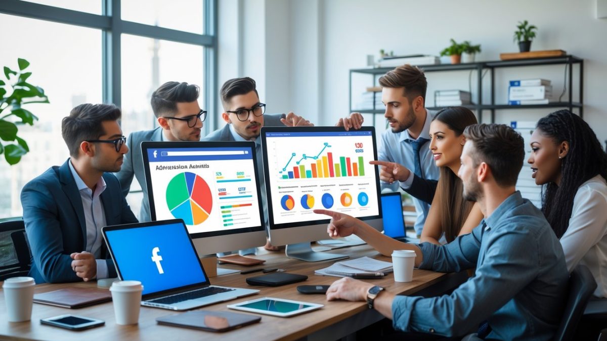 Grupa ljudi u uredu surađuje oko računala s prikazom grafikona i podataka o Facebook oglasima.