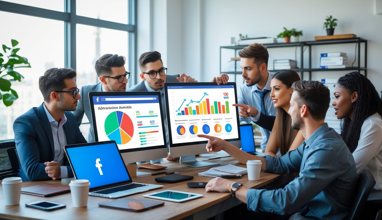 Grupa ljudi u uredu surađuje oko računala s prikazom grafikona i podataka o Facebook oglasima.