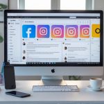 Moderan uredski prostor s računalom i pametnim telefonom za stvaranje sadržaja za društvene mreže.