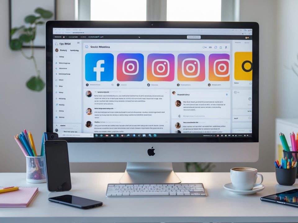 Moderan uredski prostor s računalom i pametnim telefonom za stvaranje sadržaja za društvene mreže.