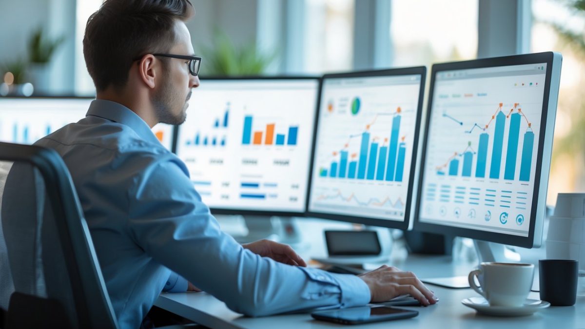 Osoba radi za stolom s računalom i grafikonima koji prikazuju rast, u modernom uredu.
