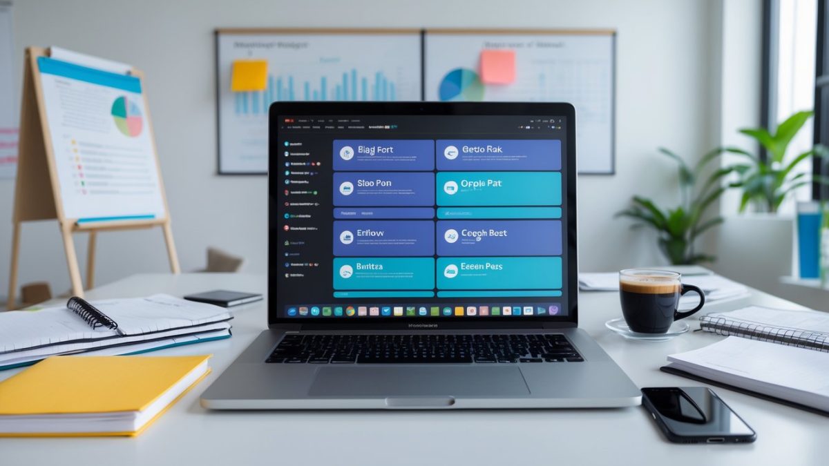 Radni stol s prijenosnim računalom, bilježnicama, pametnim telefonom i šalicom kave u uredskom prostoru.