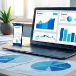 Radni stol s prijenosnim računalom, pametnim telefonom i ispisanim grafikonima za analizu ključnih riječi.