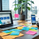 Radni stol s prijenosnim računalom, pametnim telefonom, šarenim bilješkama i šalicom kave u svijetlom prostoru s prozorom i biljkama.