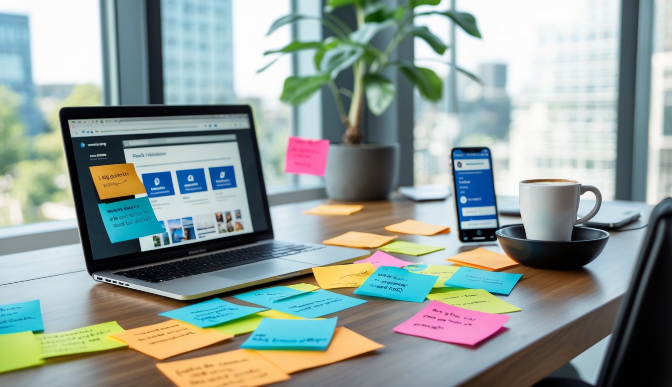 Radni stol s prijenosnim računalom, pametnim telefonom, šarenim bilješkama i šalicom kave u svijetlom prostoru s prozorom i biljkama.