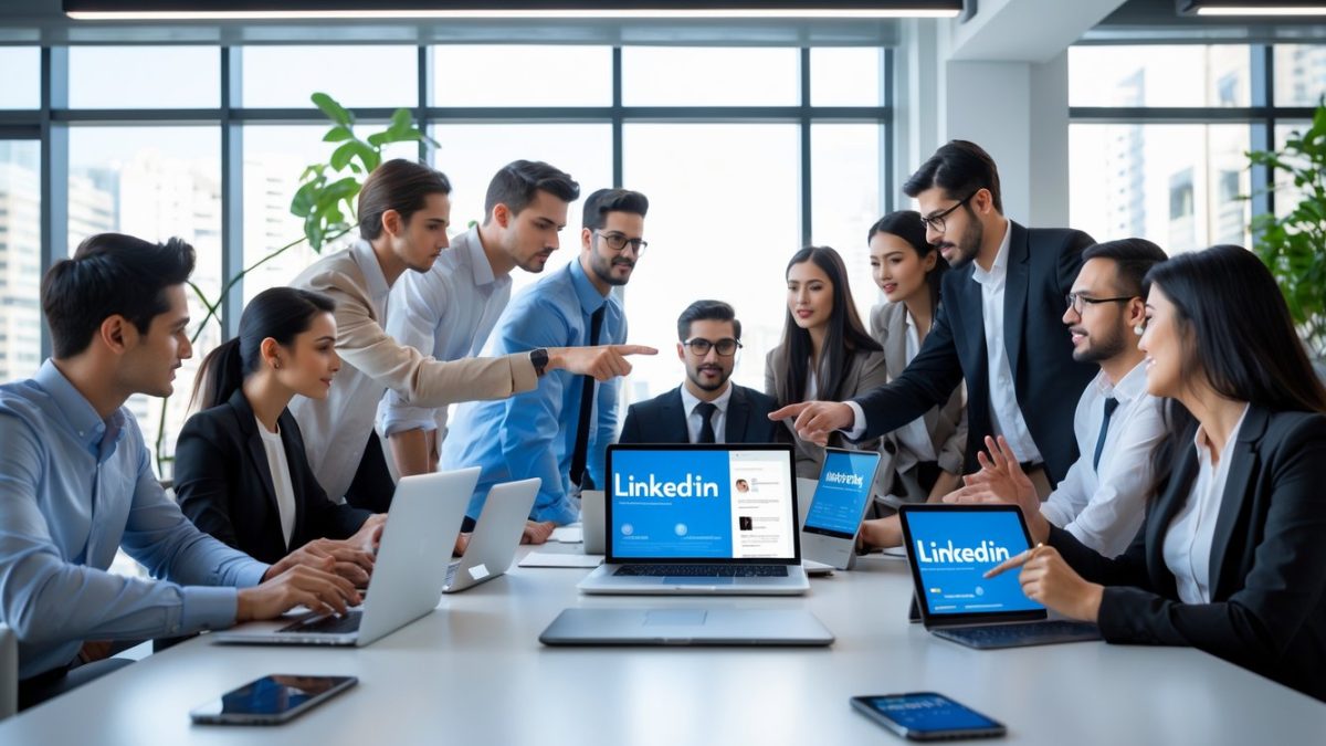Grupa mladih profesionalaca u uredu raspravlja o poslovnim strategijama za LinkedIn, koristeći prijenosna računala i pametne telefone.